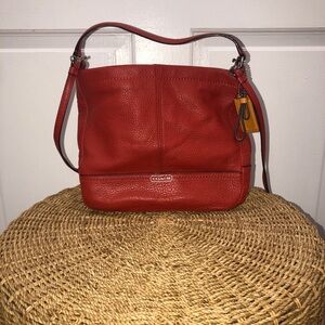 Coach Red Pebbled Leather Hobo Shoulder Bag with Leather Tag